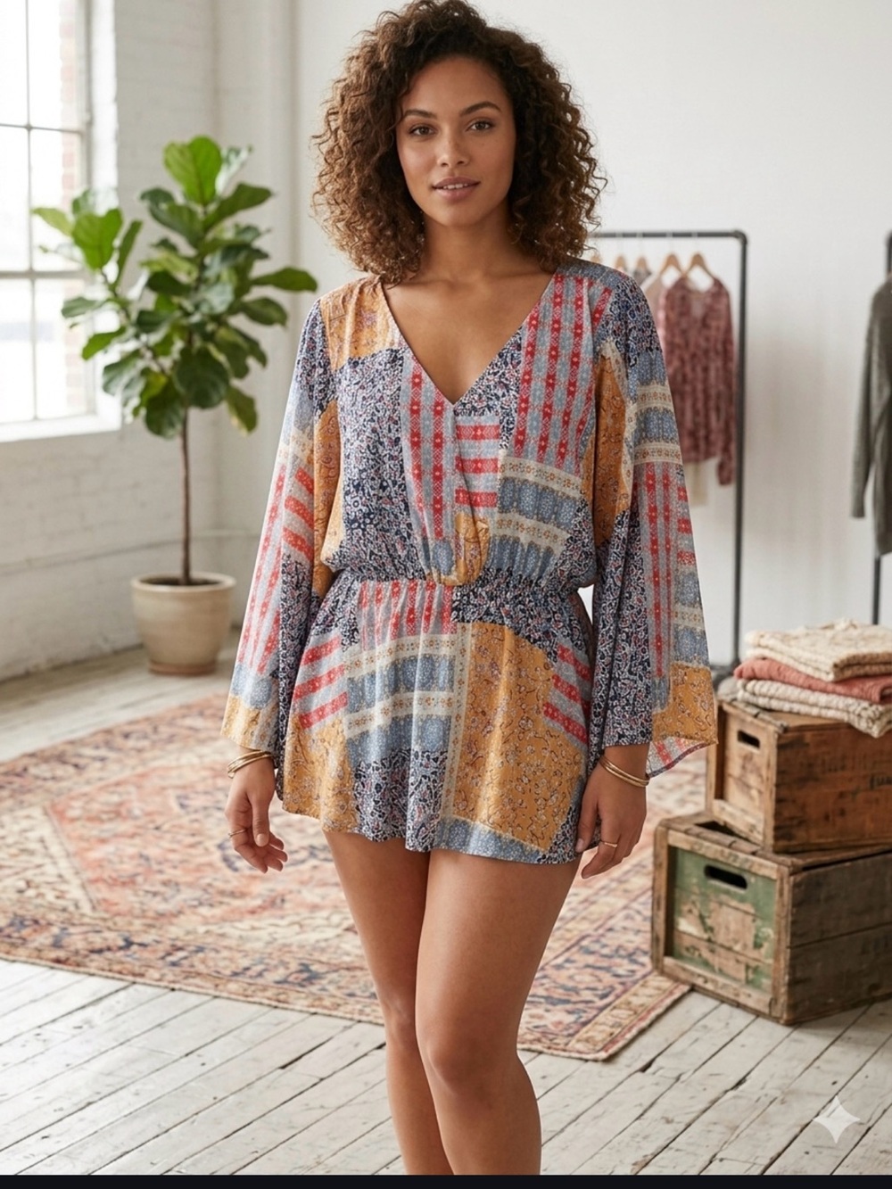 Kismet Patchwork V-Neck Blouse in Blue, Red & Mustard